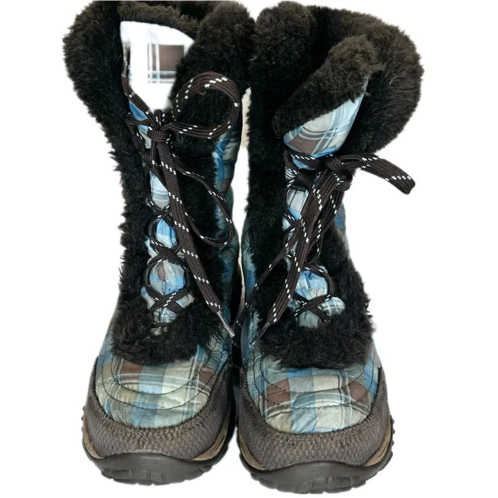 The North Face Winter Snow Boots Plaid Faux Fur Lined Waterproof Blue Brown Sz 4